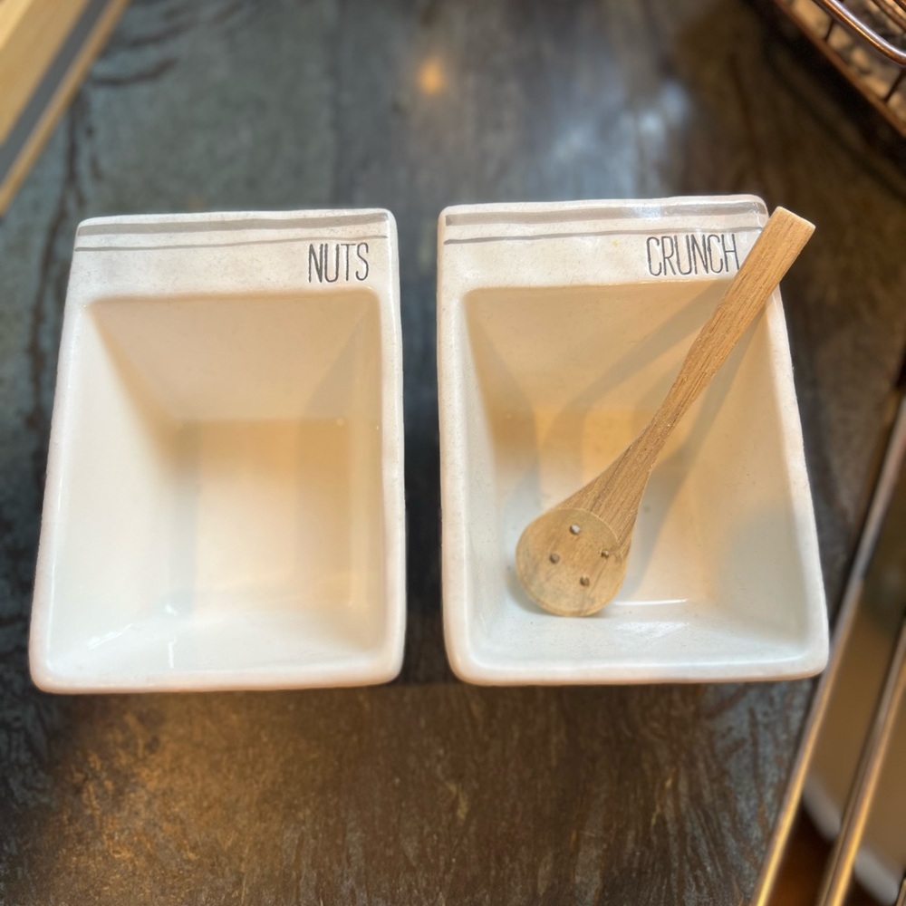 White Ceramic Snack Bowls with Wooden Spoon in Rae Dunn style